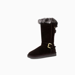 卡扣加绒褐色长筒雪地靴