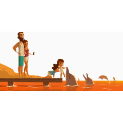 海边与海豚玩耍卡通矢量图