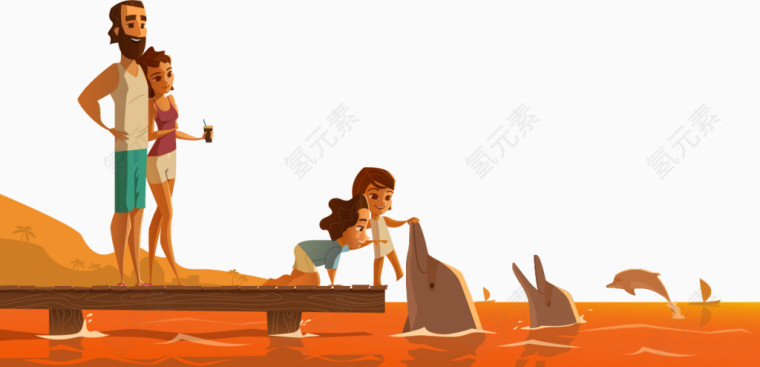 海边与海豚玩耍卡通矢量图