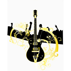 吉他人物剪影金色花纹矢量图