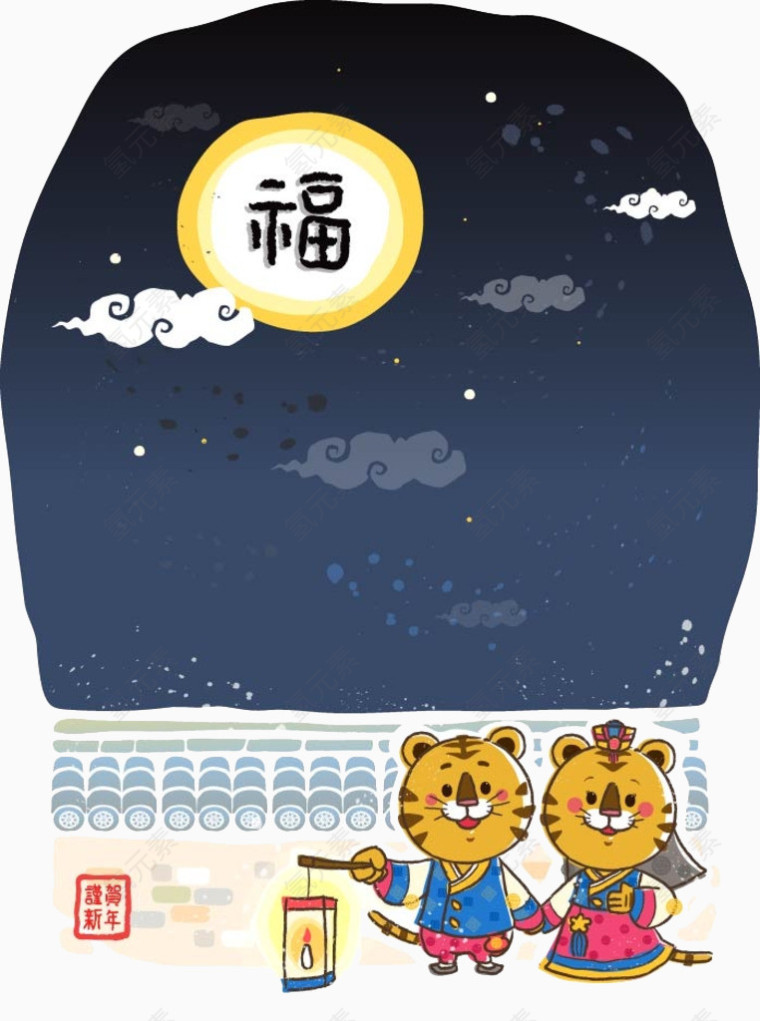 2只老虎赏月矢量