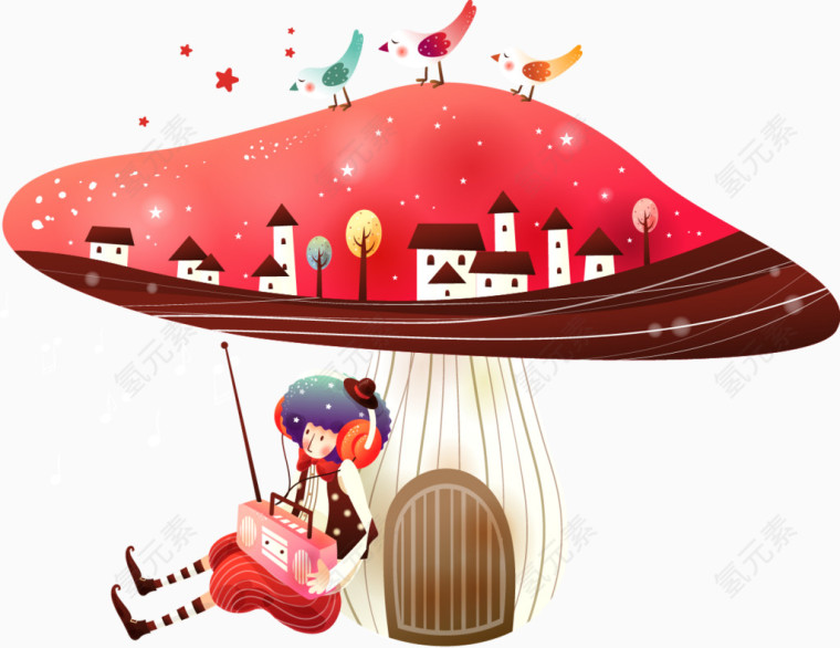 卡通可爱蘑菇房子小女孩