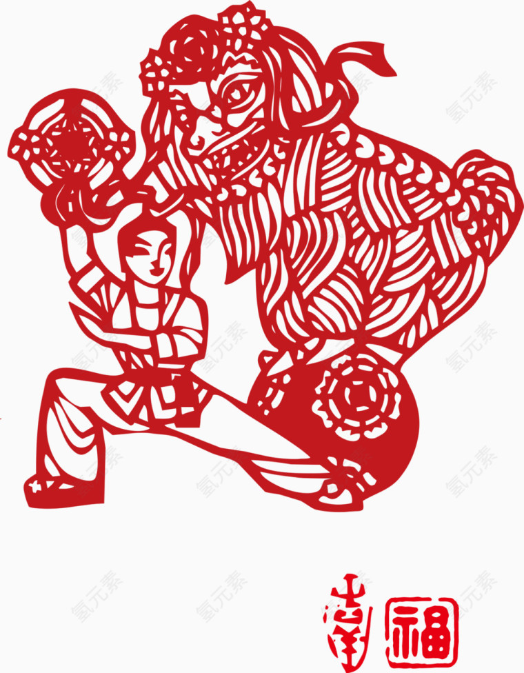 剪纸舞狮高清免抠素材