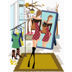 手绘买衣服照镜子女孩矢量图