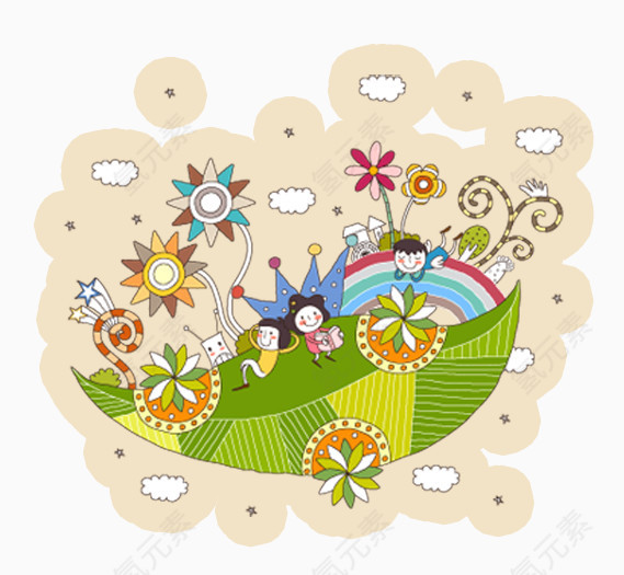 唯美卡通船小人风车云朵