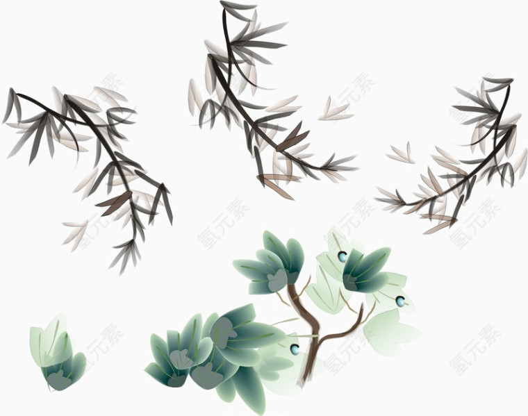中国风水墨花朵枝叶装饰免扣素材
