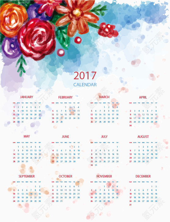 浪漫手绘花朵2017年日历