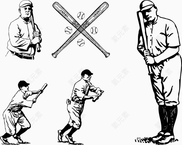 手绘速写棒球运动员矢量图