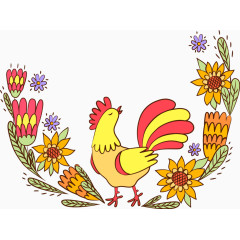 矢量花卉公鸡装饰图案