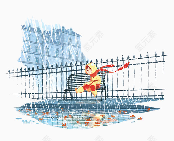 手绘下雨街道孩子