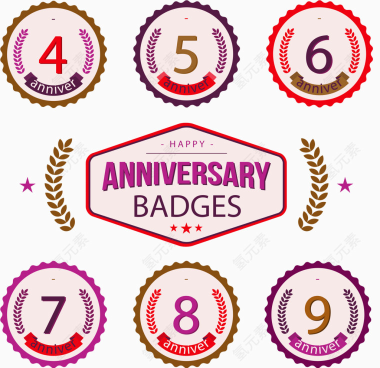 6款彩色周年纪念徽章矢量素材
