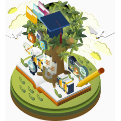 矢量书本与卡通树