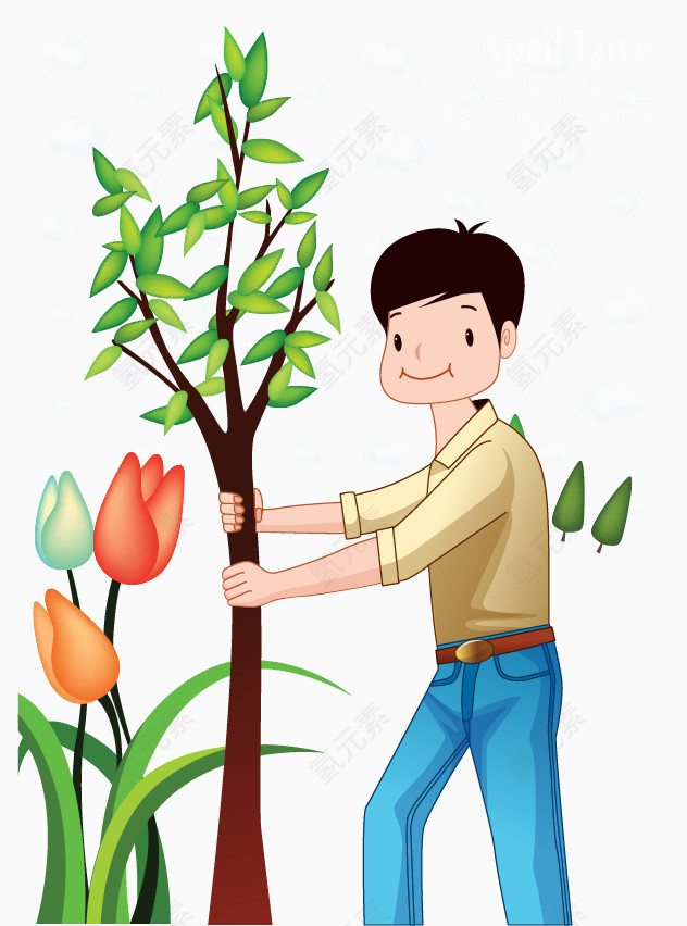 青色人物植树节
