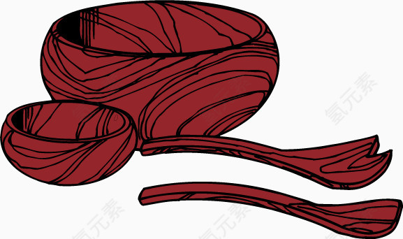 卡通红色木质碗餐具矢量