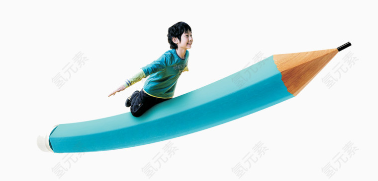 男孩坐在铅笔上飞翔