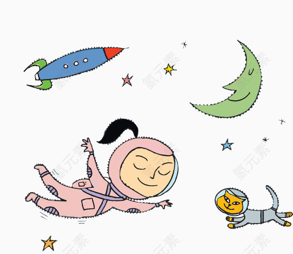太空插画 航天 飞船 月亮 猫 星星