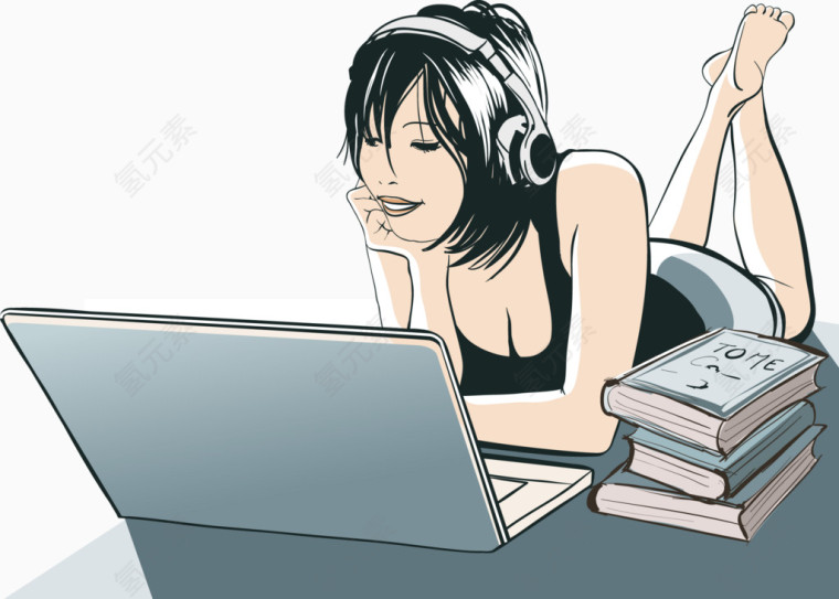 美女趴着玩电脑矢量