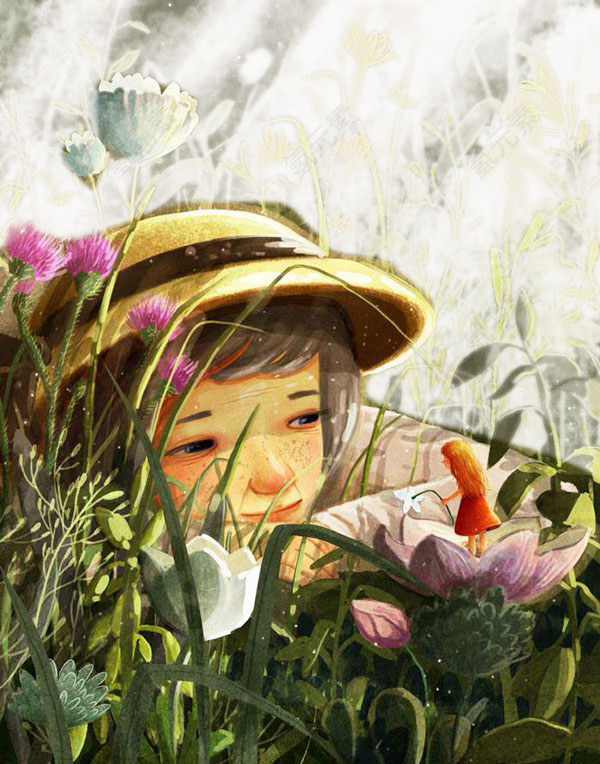 花丛人物插画