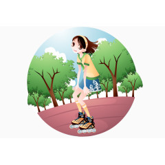 卡通手绘矢量溜冰女孩跑道树木
