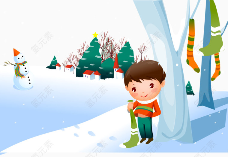 卡通手绘雪景男孩