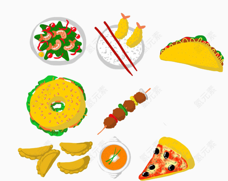 多种西餐和中餐的卡通矢量图