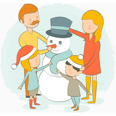 围着雪人的一家人