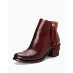 休闲深红色头层牛皮革圆头女式靴子