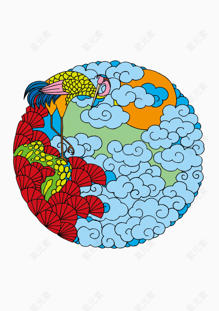 传统云纹松柏仙鹤图