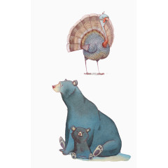 手绘孔雀小熊父子