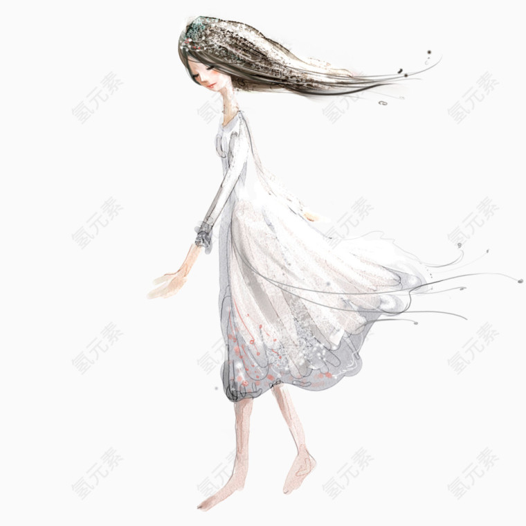 手绘穿白色裙子的美女