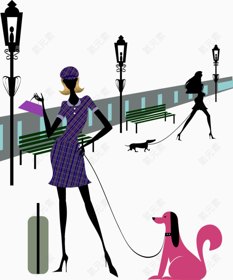 街道上两个遛狗的女人