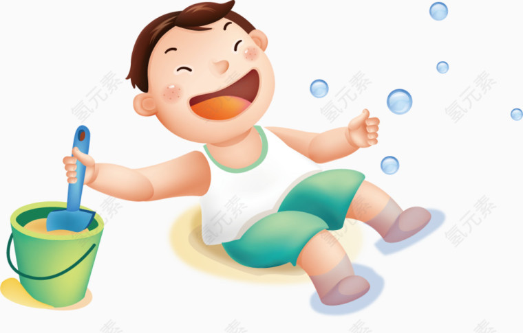 在沙滩上玩沙子的小男孩