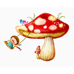 唯美精美卡通可爱蘑菇小女孩荡秋千
