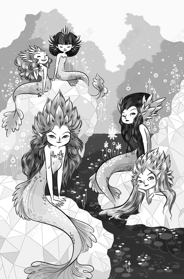灰白风格美人鱼荷塘