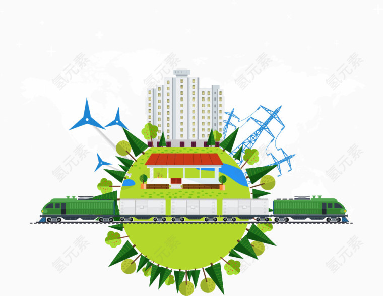 卡通扁平绿色清新城市环球