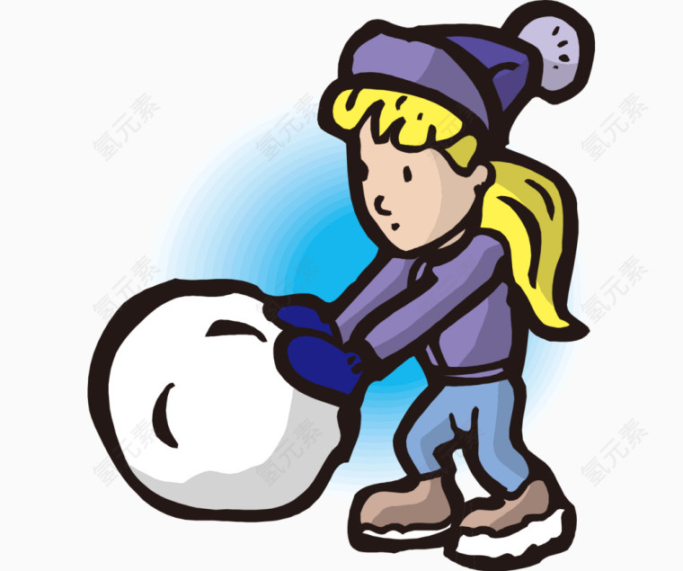 卡通手绘女孩冬天滚雪球