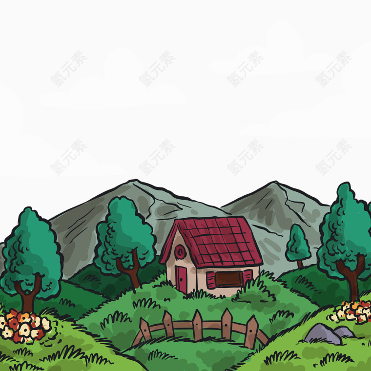 矢量水彩风景山水图