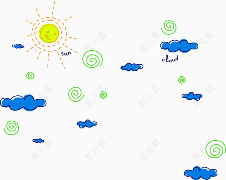 蓝色简约云朵太阳漂浮素材