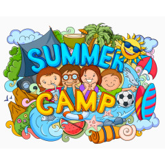 4个小朋友夏日野营涂鸦插画矢量素材