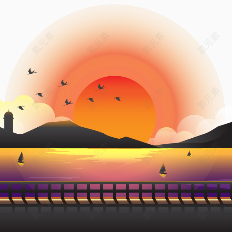 矢量元素可爱背景的夕阳与温暖的颜色
