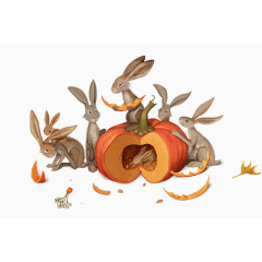 一群兔子在吃瓜