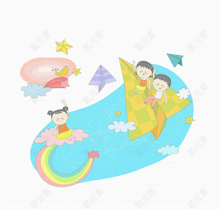 孩子坐在纸飞机上