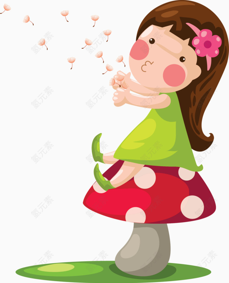 卡通少女吹蒲公英矢量图