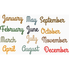 矢量月份英文艺术字彩色