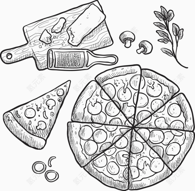 矢量手绘创意披萨蘑菇