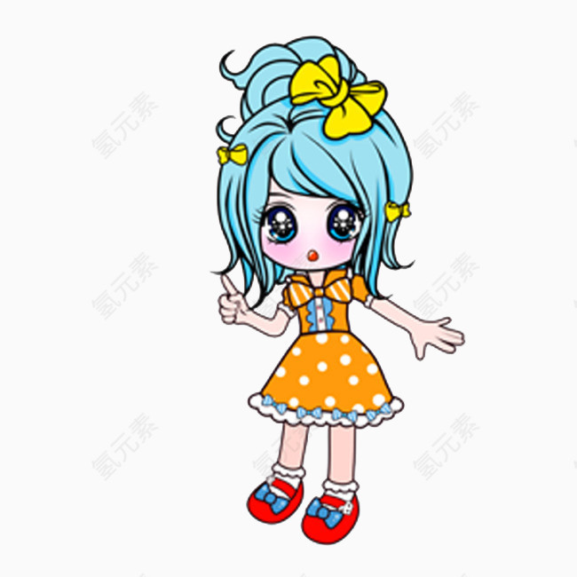 绑着蓝色马尾辫的卡通可爱小女孩