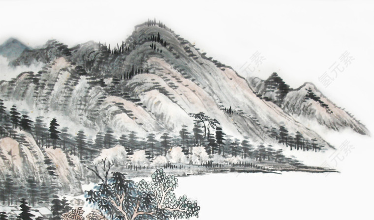 山水画砚台毛笔海报素材