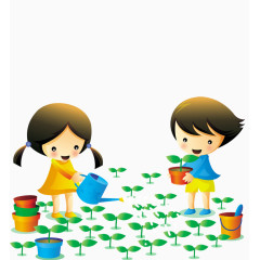 卡通人  种树 植树 浇水