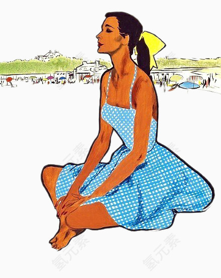 穿裙女子与远处热闹的集市