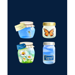 矢量彩色透明植物标本小瓶子